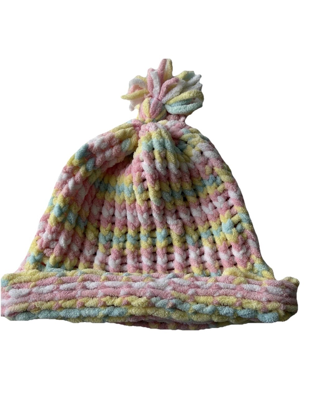 Handmade Chunky Knit Beanie - Bright Pink Blue Yellow Soft Chenille Pom Pom Hat